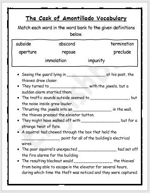 the cask of amontillado vocabulary worksheet answers